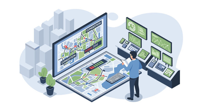 A male analyst evaluates traffic flow data on a large interactive wall map and digital floor display in a high-tech control center with modern city infrastructure.