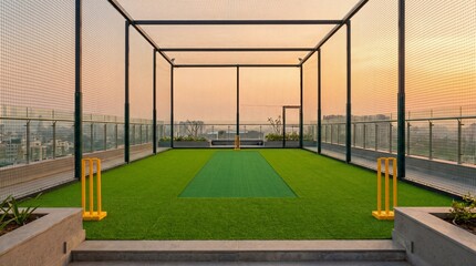 Naklejka premium rooftop cricket practice setup urban sports turf wallpaper. modern rooftop cricket net facility wide angle city background. premium cricket practice cage on rooftop artificial turf
