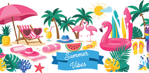 Obraz premium Summer Vibes Tropical Beach Scene Banner with Flamingo Palm Tree Umbrella Chair and Colorful Holiday Elements