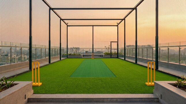 rooftop cricket practice setup urban sports turf wallpaper. modern rooftop cricket net facility wide angle city background. premium cricket practice cage on rooftop artificial turf