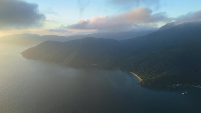 Aerial view of the island of Ilha Grande near the town of Angra dos Reis in Brazil during sunrise