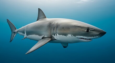 Naklejka premium Magnificent Great White Shark Swimming Gracefully in Ocean Depths.