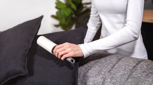 Woman uses adhesive sticky lint roller removing dust and pet hair from black pillow on sofa. Concept of textile hygiene, household cleaning routine and maintaining clean modern home interior. Banner