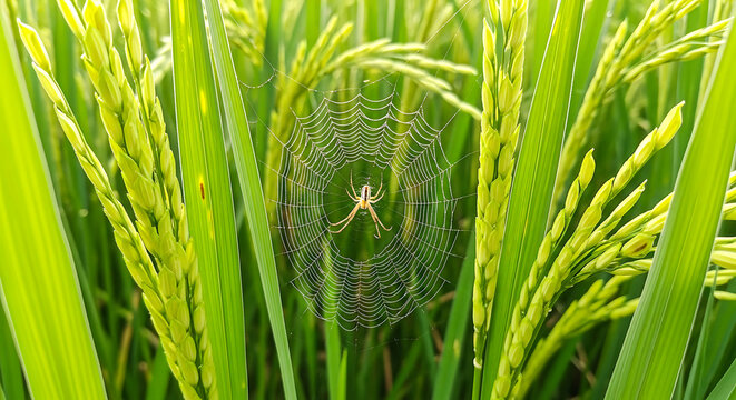Spider sitting in a lush green web surrounded by tall grass