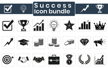 Black success icon bundle featuring checkmark trophy lightbulb and growth chart vector graphics © owngraphic1