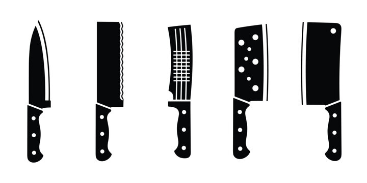 Set of kitchen chef knives vector silhouettes isolated for cooking equipment menu.