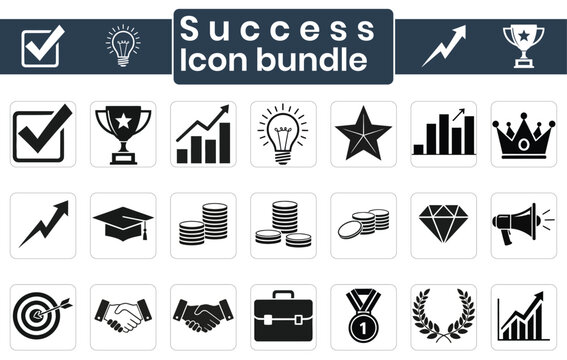 Black success icon bundle featuring checkmark trophy lightbulb and growth chart vector graphics