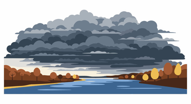 Stormy sky over a calm river with autumn trees on the banks