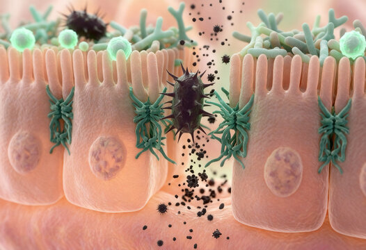 Microscopic 3D render showing gaps between intestinal cells allowing pathogens to leak through the barrier. Visualization of gut permeability and inflammation in documentary style.