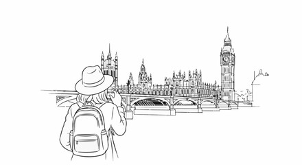 Obraz premium Sketch of a tourist with backpack and hat capturing a landmark with a camera
