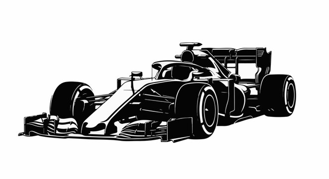 Sleek, black and white illustration of a modern, open-wheel racing car
