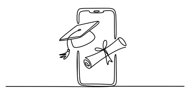 Smartphone with graduation cap and diploma line art drawing