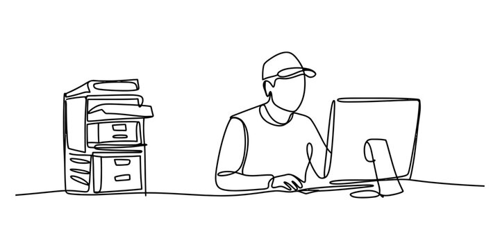 Man working on computer with printer in office line art