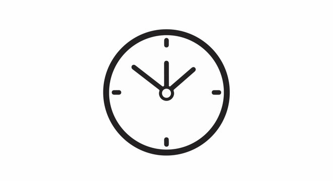 Simple black line icon of a clock with hands pointing towards the top