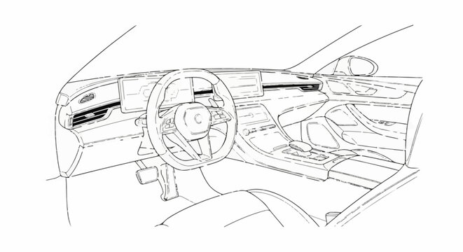 Sketch of a modern car's luxurious interior, focusing on the dashboard and controls