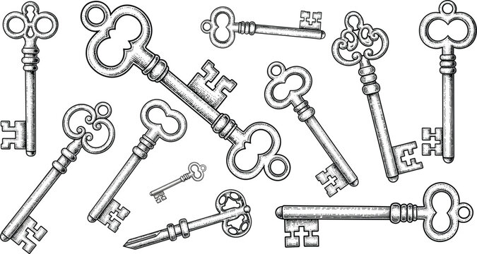 Vintage engraved keys collection vector illustration with ornate designs for lock and keychain concept isolated background