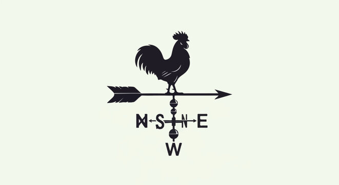 Silhouette of a rooster atop a directional arrow, indicating compass points