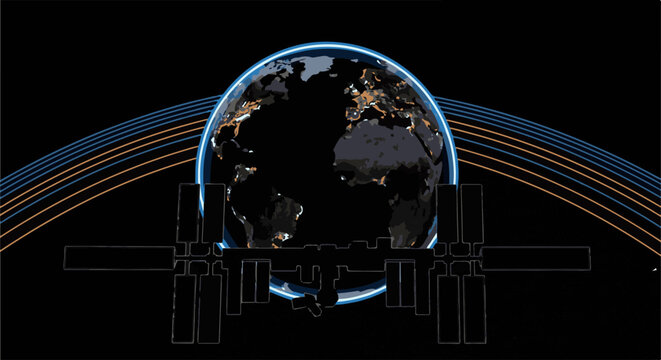 Silhouette of a space station orbits a nighttime view of the earth with glowing cities