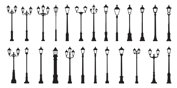 collection of decorative vintage street lamps on white background vector illustration design element public lighting posts antique old style outdoor light fixtures.