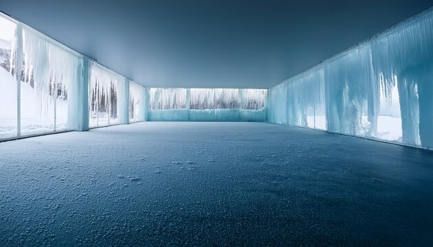 empty cold room with walls and floor covered in ice and frost