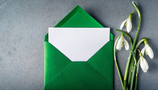 green envelope with blank white card and snowdrop flowers on grey textured background top view
