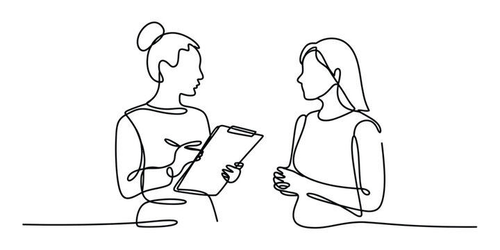 Continuous line drawing of two women talking and one writing on a clipboard Vector, illustration
