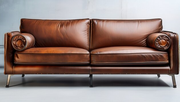 industrial sofa mockup brown leather couch living room furniture isolated from background