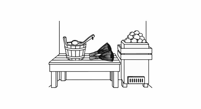 Sauna bench with bucket, ladle, whisks and heater
