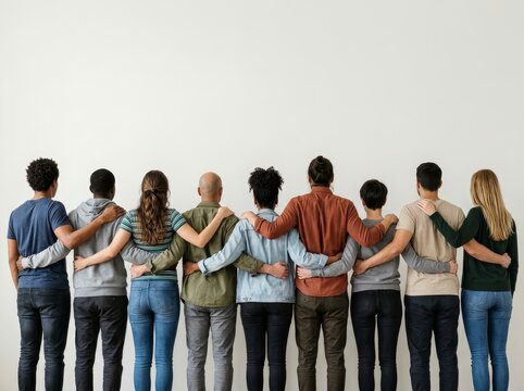 A diverse group of people facing forward with arms around each other, symbolizing unity and teamwork.