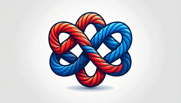Intertwined red and blue rope knot on white background knot, rope, cord, twine, fiber