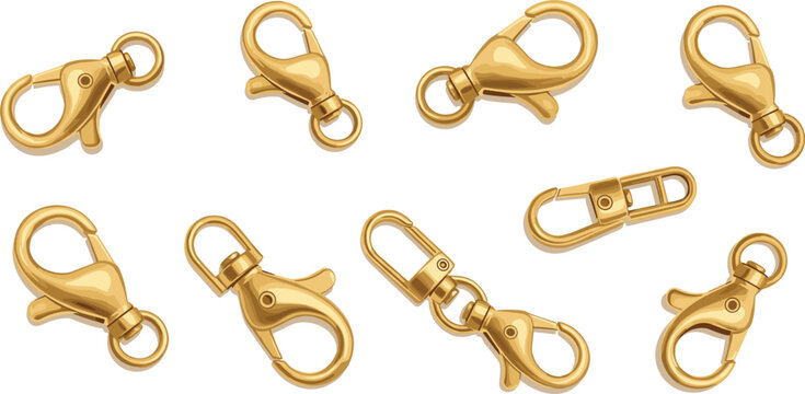 Luxury gold lobster clasp hook and lanyard accessories vector illustration with premium metallic finish isolated background