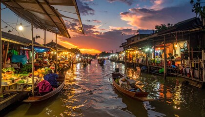 Vibrant floating market at sunset in Thailand, a cultural experience.