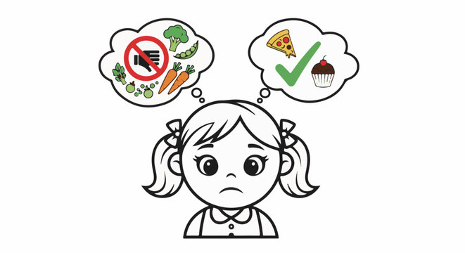Sad girl pondering healthy versus unhealthy food choices