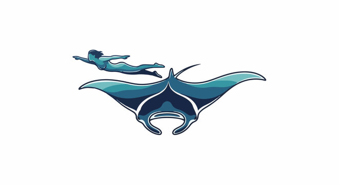 Silhouette of a manta ray with a swimmer above it in shades of blue