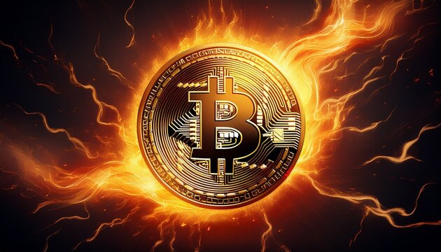 golden bitcoin coin in fire flame and lightning bitcoin gold blockchain hard fork concept cryptocurrency symbol