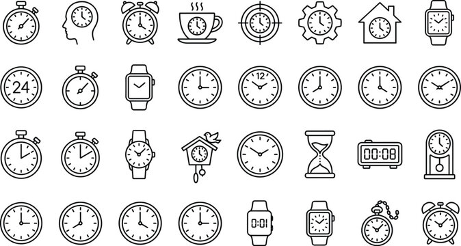Time and clock line icon set with stopwatch watch alarm timer schedule symbols vector