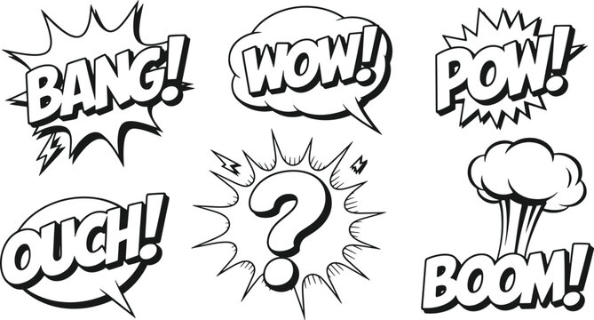 Set of black and white comic book speech bubbles with sound effects like bang wow pow ouch and boom with a question mark graphic for graphic design and illustration