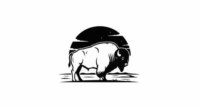 Silhouette of a buffalo against a crescent moon and starry sky