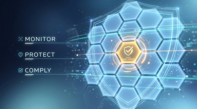Shield interface displaying hexagon grid structures with integrated status indicators emphasizes cybersecurity monitoring protocols and compliance management systems within modern digital.