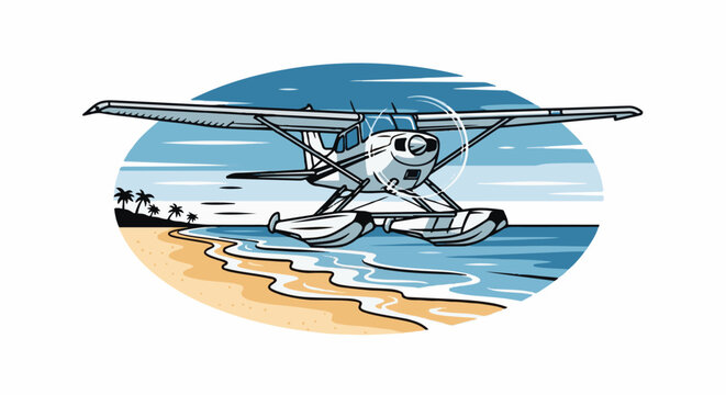 Seaplane flying over a tropical beach and ocean waters