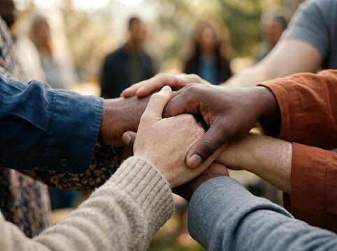 Close-up of diverse hands joined together in a show of unity and teamwork.
