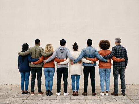 A diverse group of people stand in unity with arms interlocked, symbolizing teamwork and togetherness.