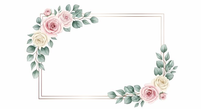 Wedding invitation card template with floral wreath and frame on white