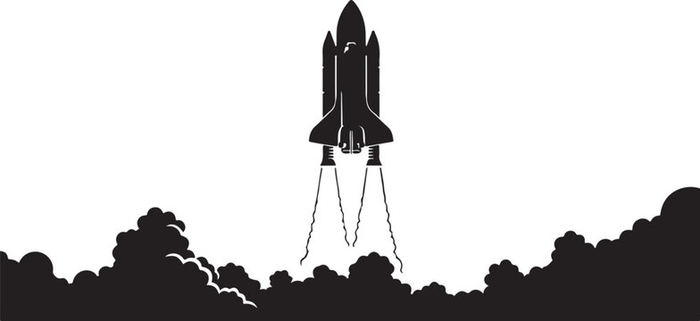 Black silhouette of a rocket ship launching into a white sky