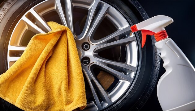 commercial high resolution photo of close up of a car wheel being cleaned with a yellow cloth and spray bottle