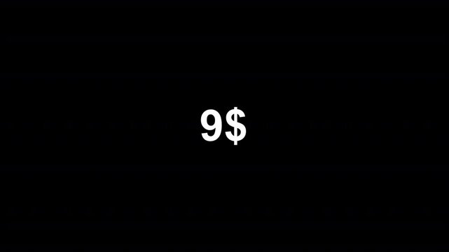 dollar counter animation from 0 to 10 on a black background. dollar calculating from zero to ten dollar counter animation