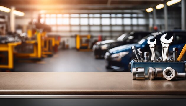 a metal blank tabletop with blurred automotive tools and parts in the background suitable for promoting automotive products