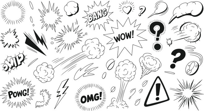 Set of hand drawn comic book speech bubbles and action sound effect elements for graphic design projects