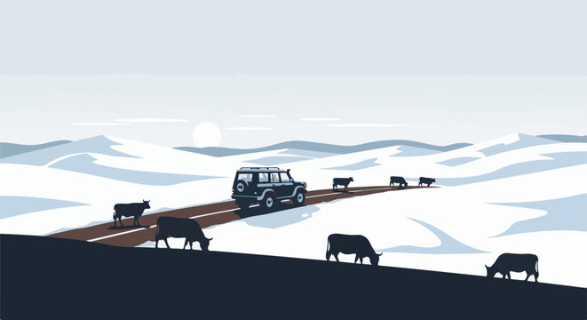 Snowy landscape with cows and a vehicle on a dirt road