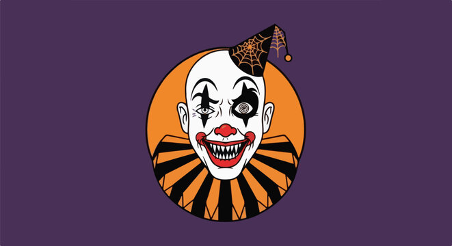 Spooky clown with a wide grin, red nose, and unsettling eyes
